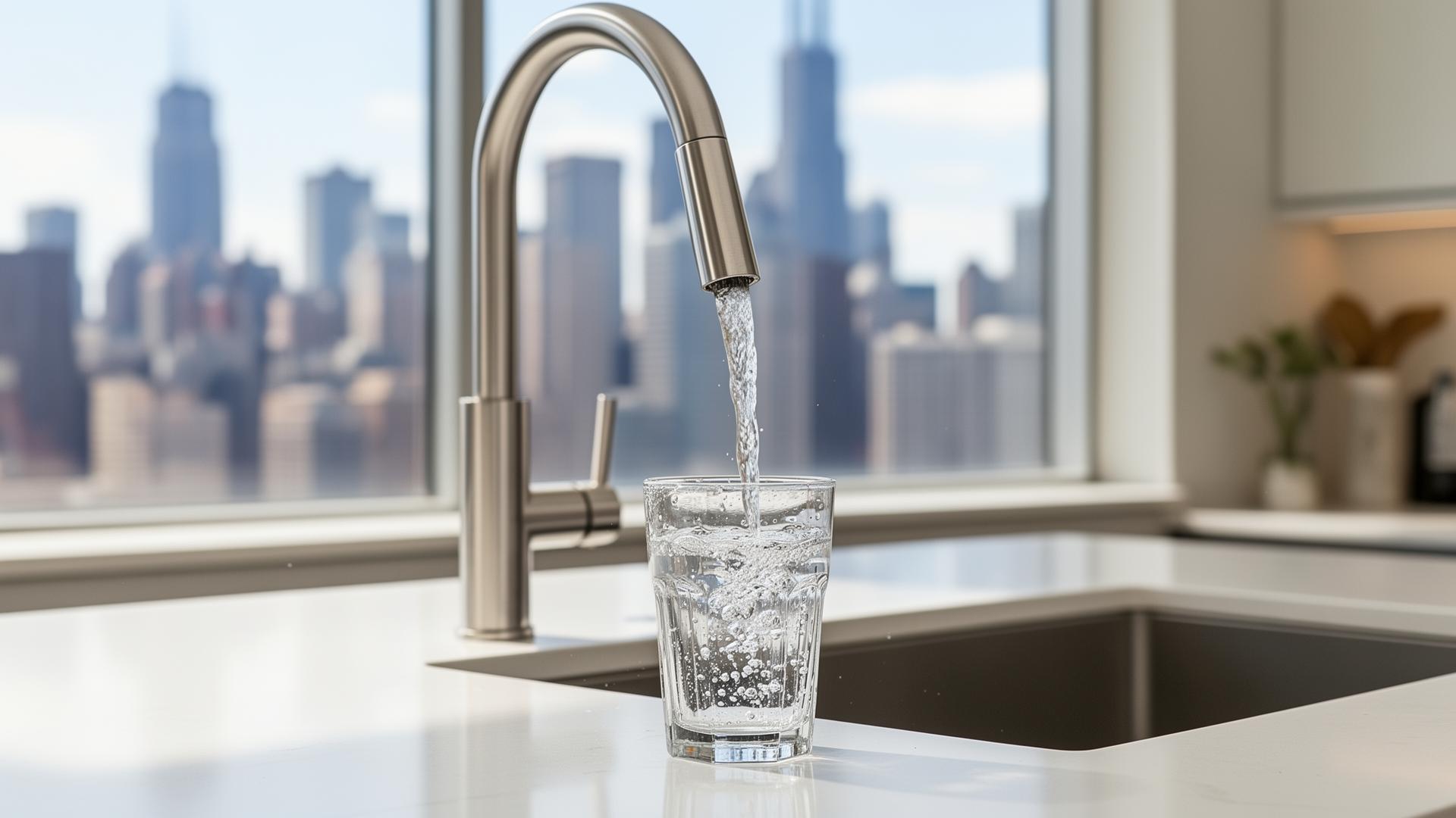 Clean filtered water poured into a glass in a Chicago kitchen